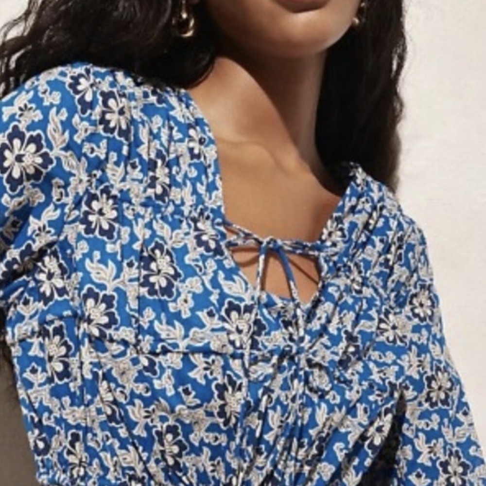 J. Crew Tiered Tie Front Beach Dress Cobalt Blue Floral Cotton Vneck Mini Sz XS - Picture 3 of 16